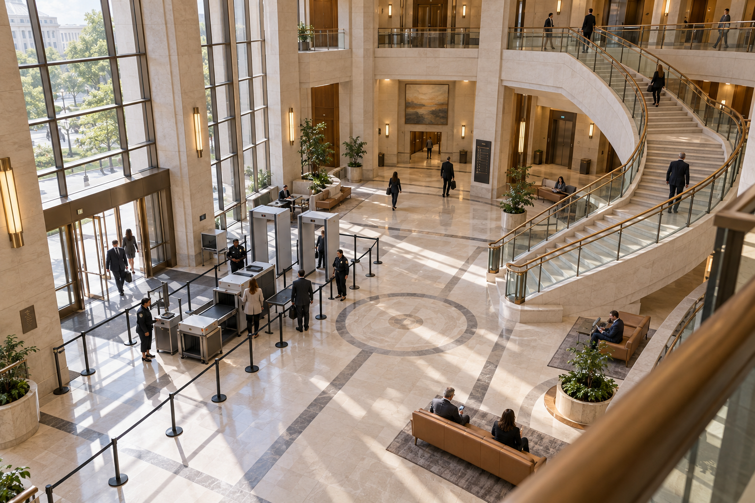 Courthouse Atrium, Sweeping Staircase and Security Screening
