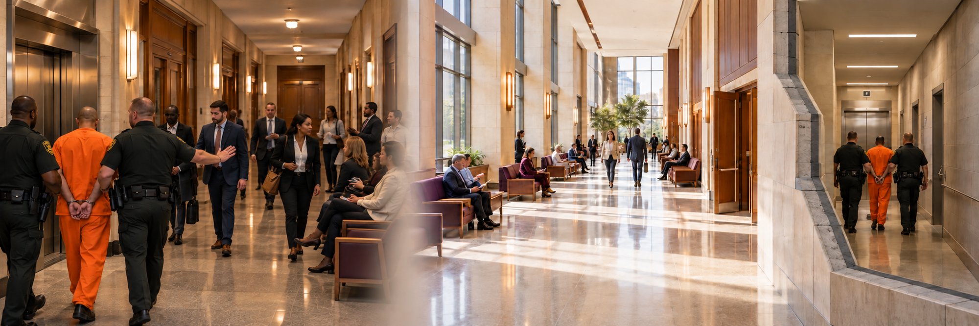 Courthouse escort through a clearer public hallway